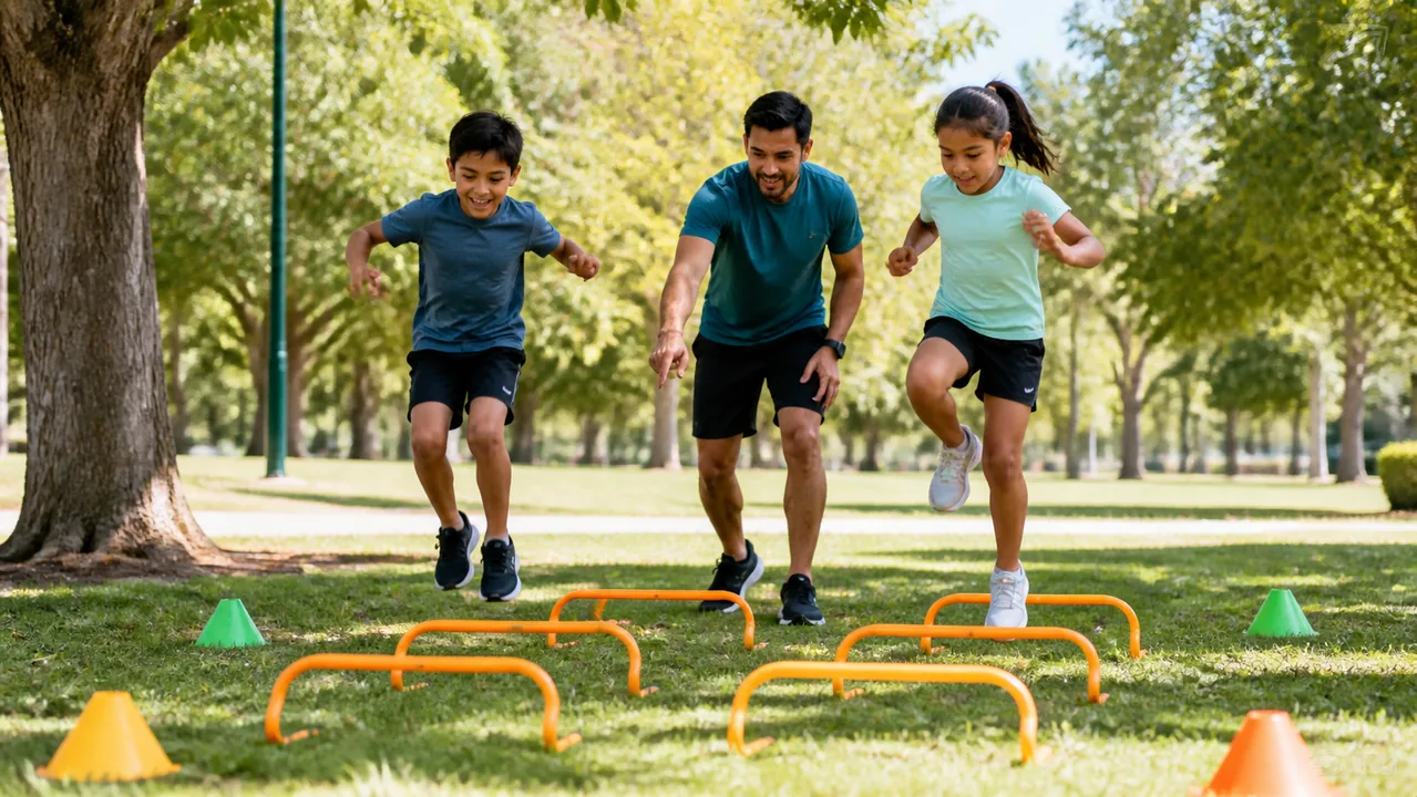 Niños de edad escolar realizando actividad física al aire libre
