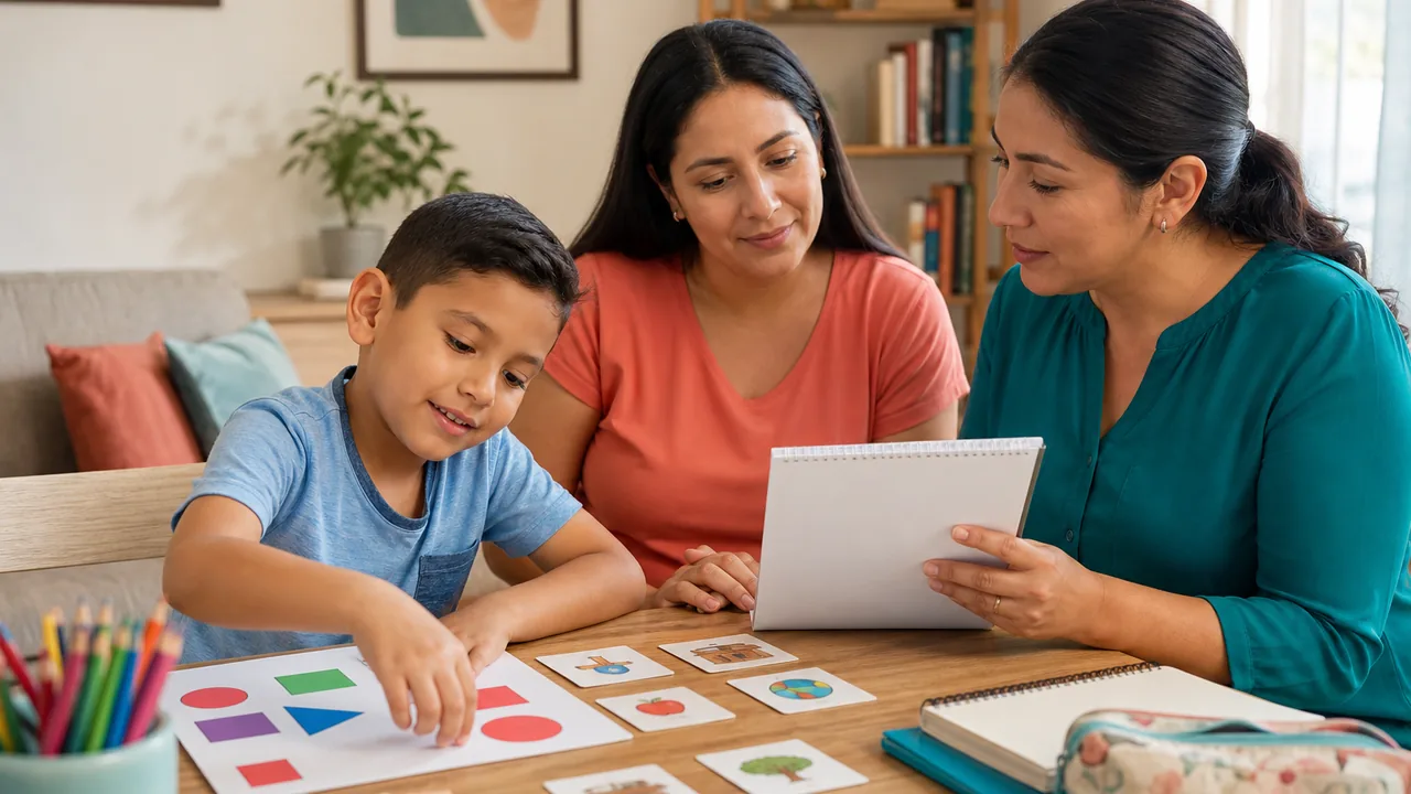 Madre y docente revisando las dificultades de aprendizaje de un niño