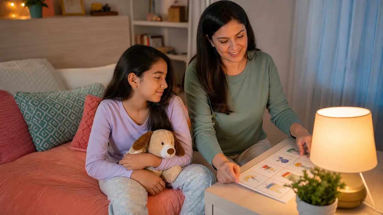 Niño de edad escolar preparándose para dormir con una rutina tranquila