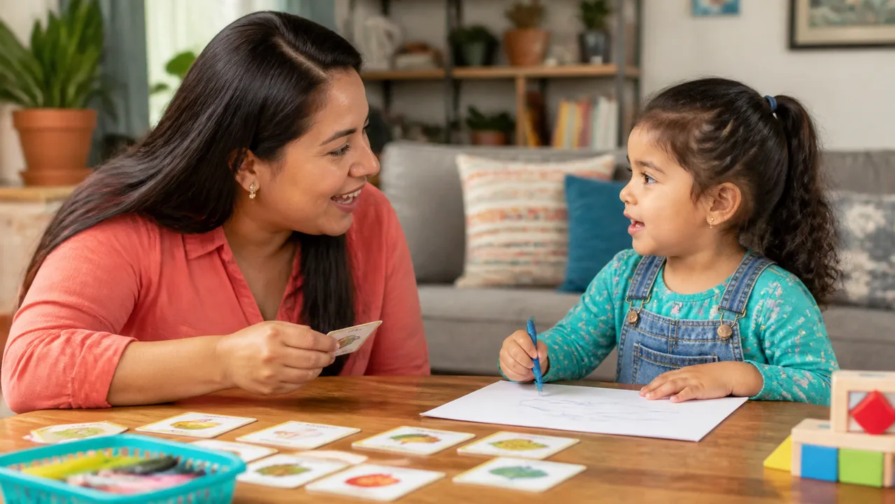Adulto conversando con una niña preescolar mientras ella relata una historia