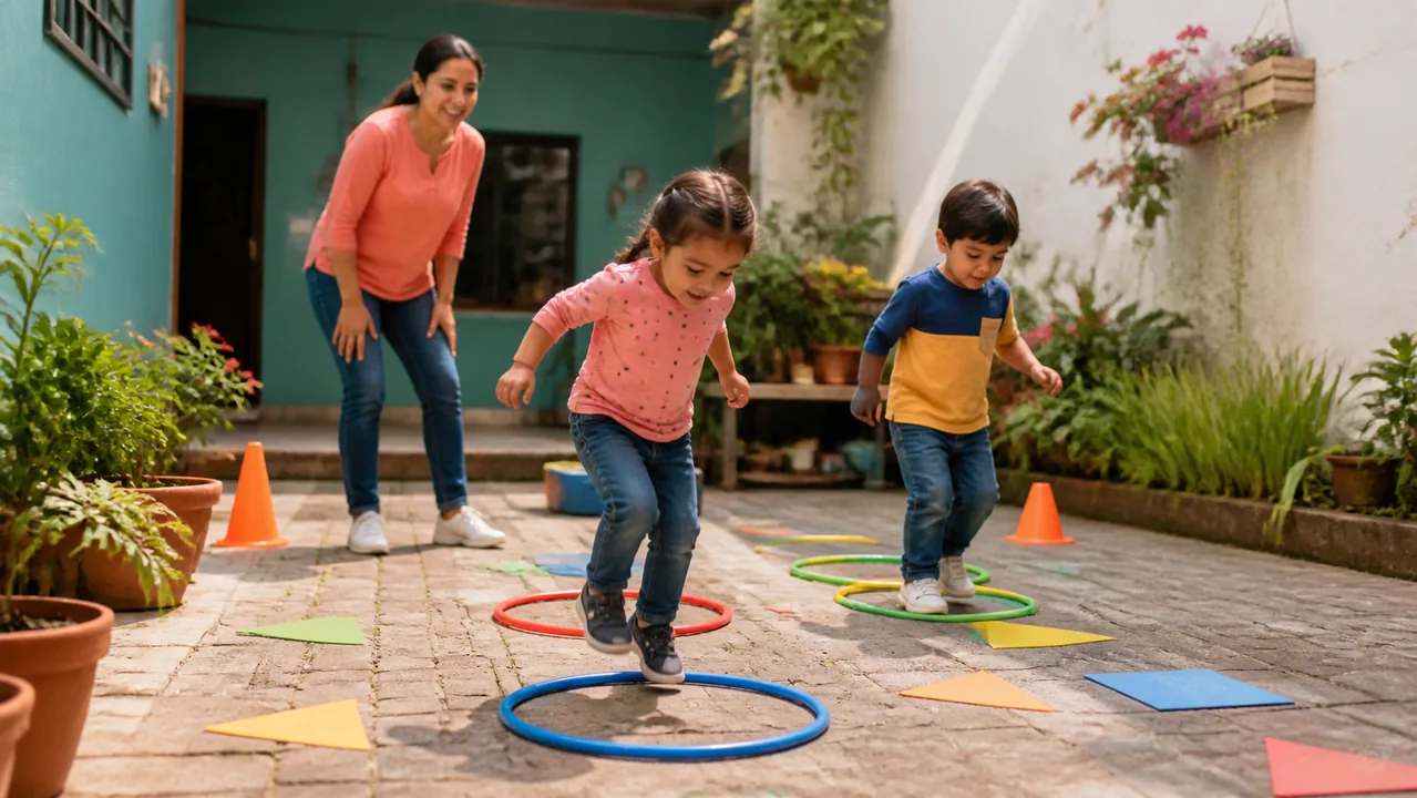 Niños practicando equilibrio saltos y coordinación en un circuito de movimiento