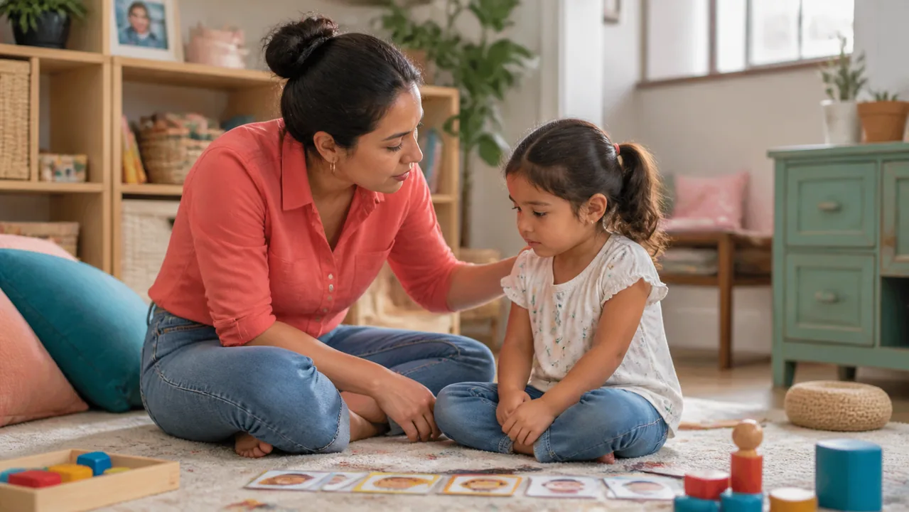 Adulto ayudando a un niño pequeño a nombrar y regular una emoción intensa